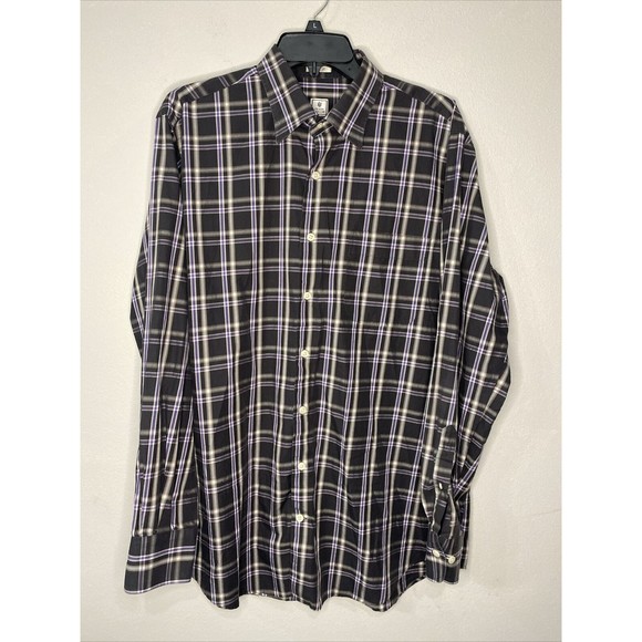 Peter Millar Mens Plaid Long Sleeve Button Front Shirt Purple Black Gray‎ Size L - Picture 1 of 8